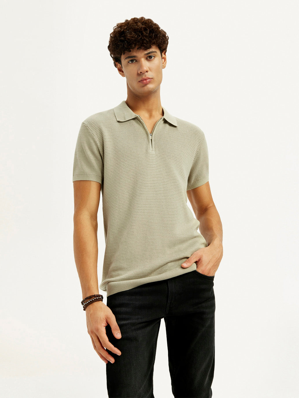 Men's Textured Beige Slim Fit Polo T-shirt