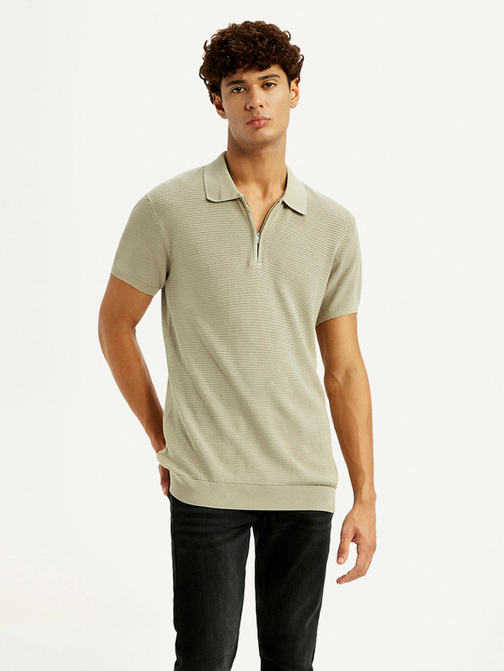 Men's Textured Beige Slim Fit Polo T-shirt