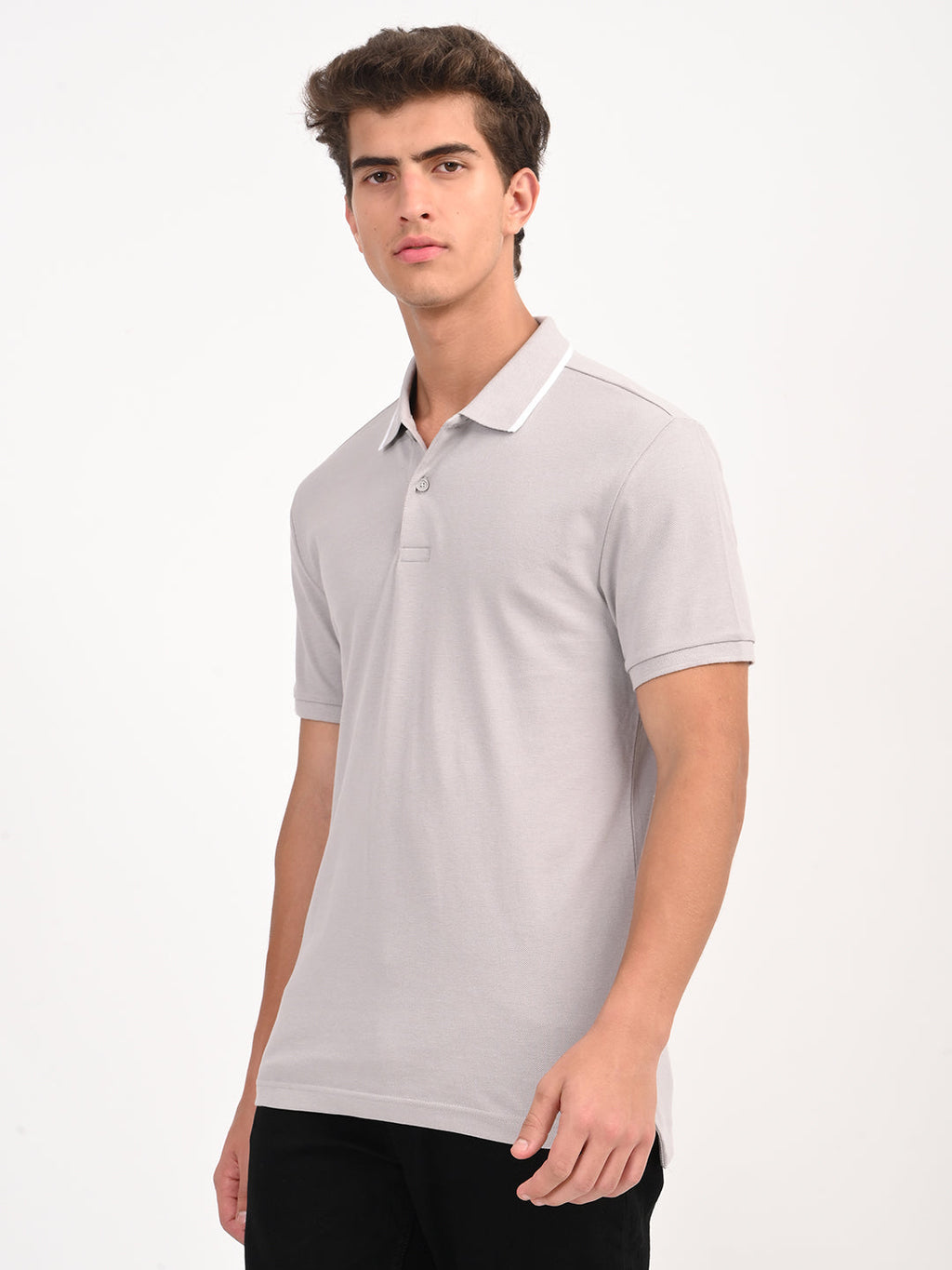 Men's Solid Light Grey Slim Fit Polo T-shirt