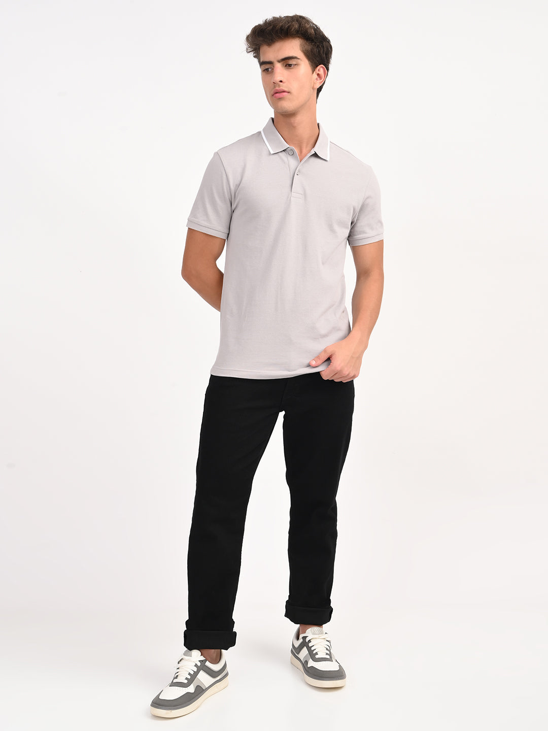 Men's Solid Light Grey Slim Fit Polo T-shirt