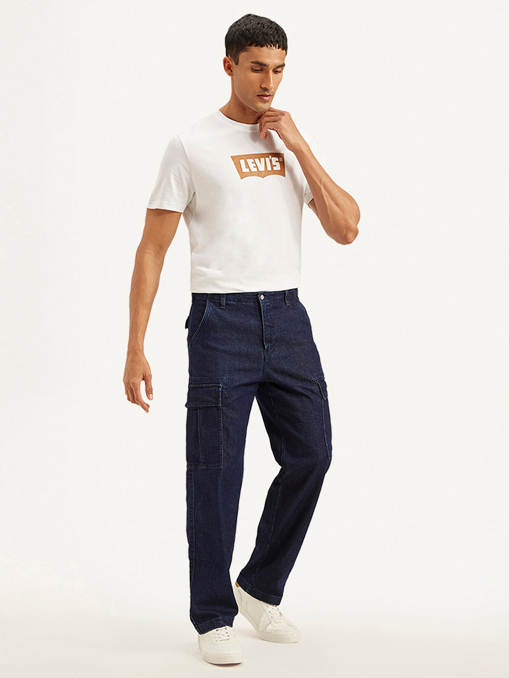 Men's Navy Blue Straight Fit Mid Rise Cargo Jeans