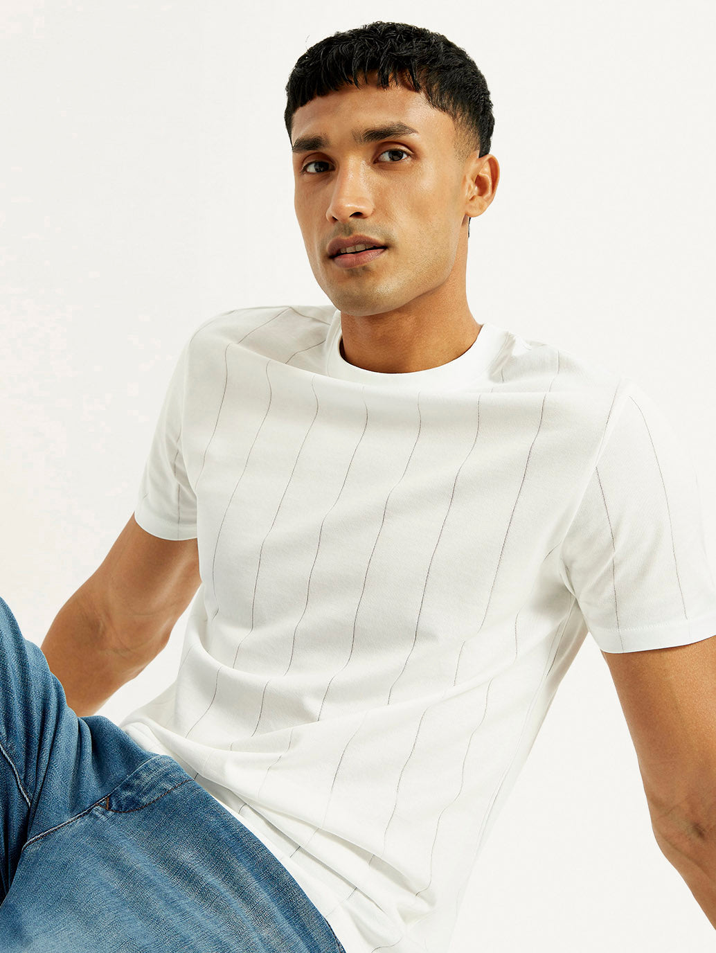 Men's Striped White Crew Neck T-shirt