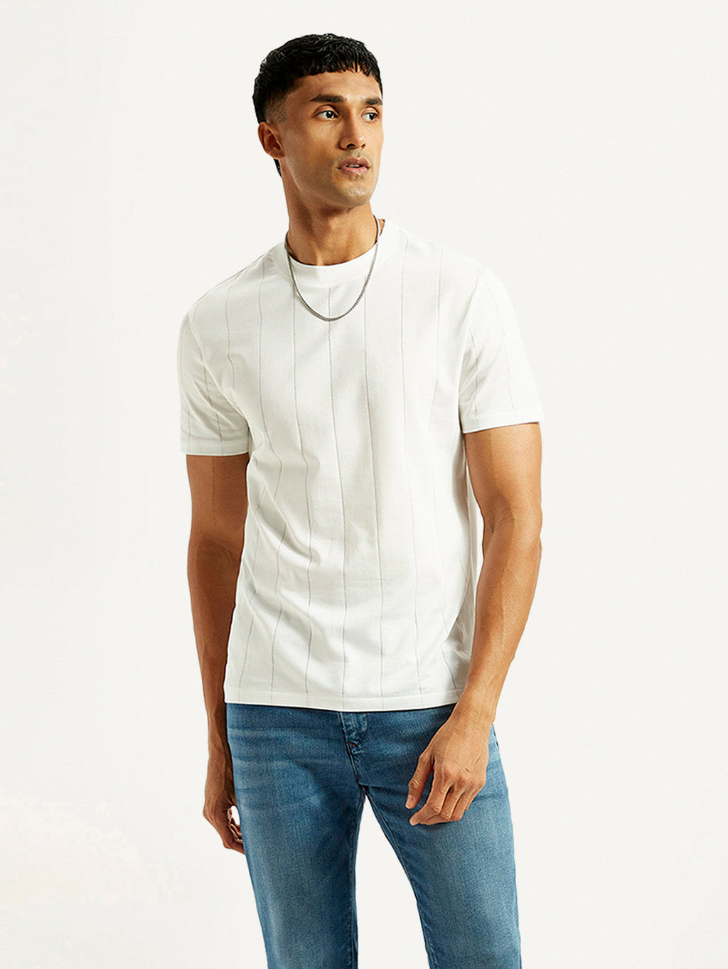 Men's Striped White Crew Neck T-shirt