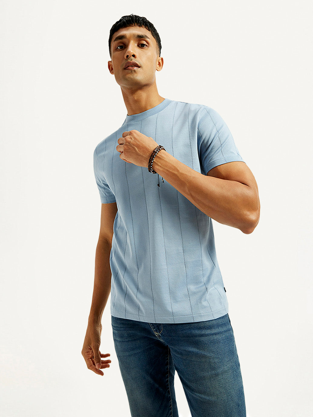 Men's Striped Light Blue Crew Neck T-shirt