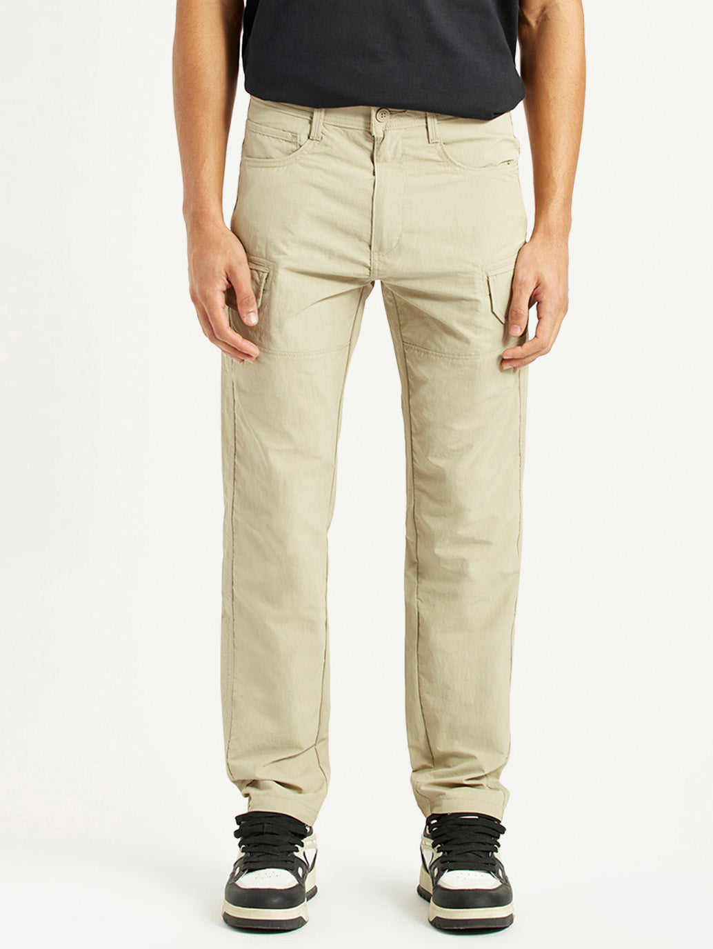 Men's Beige Slim Fit Mid Rise Cargo Trousers
