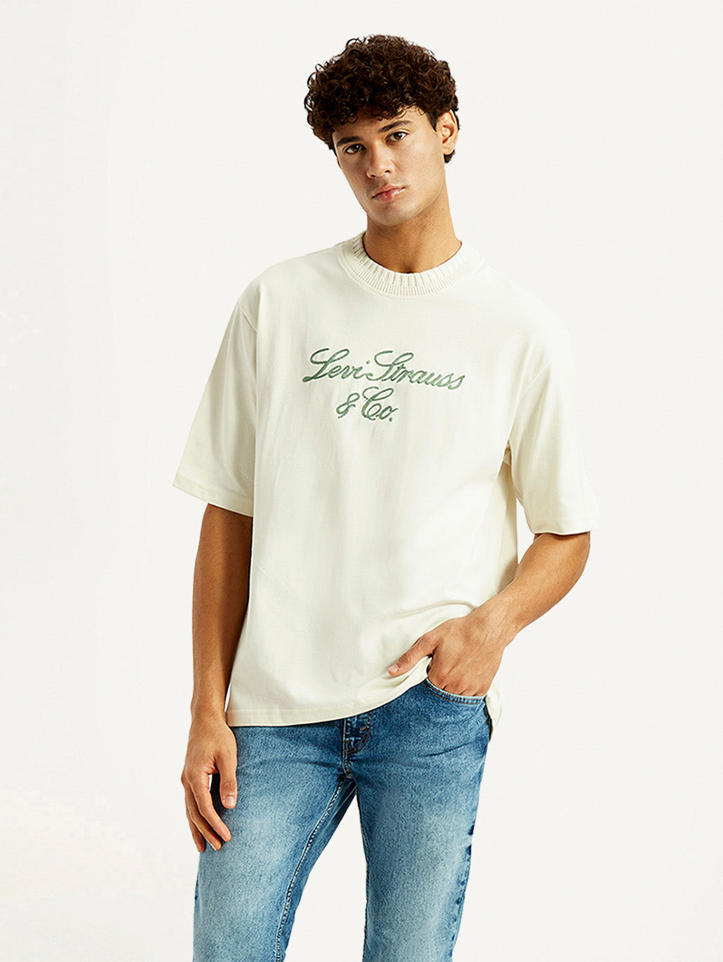 Men's Embroidered Cream Crew Neck T-shirt
