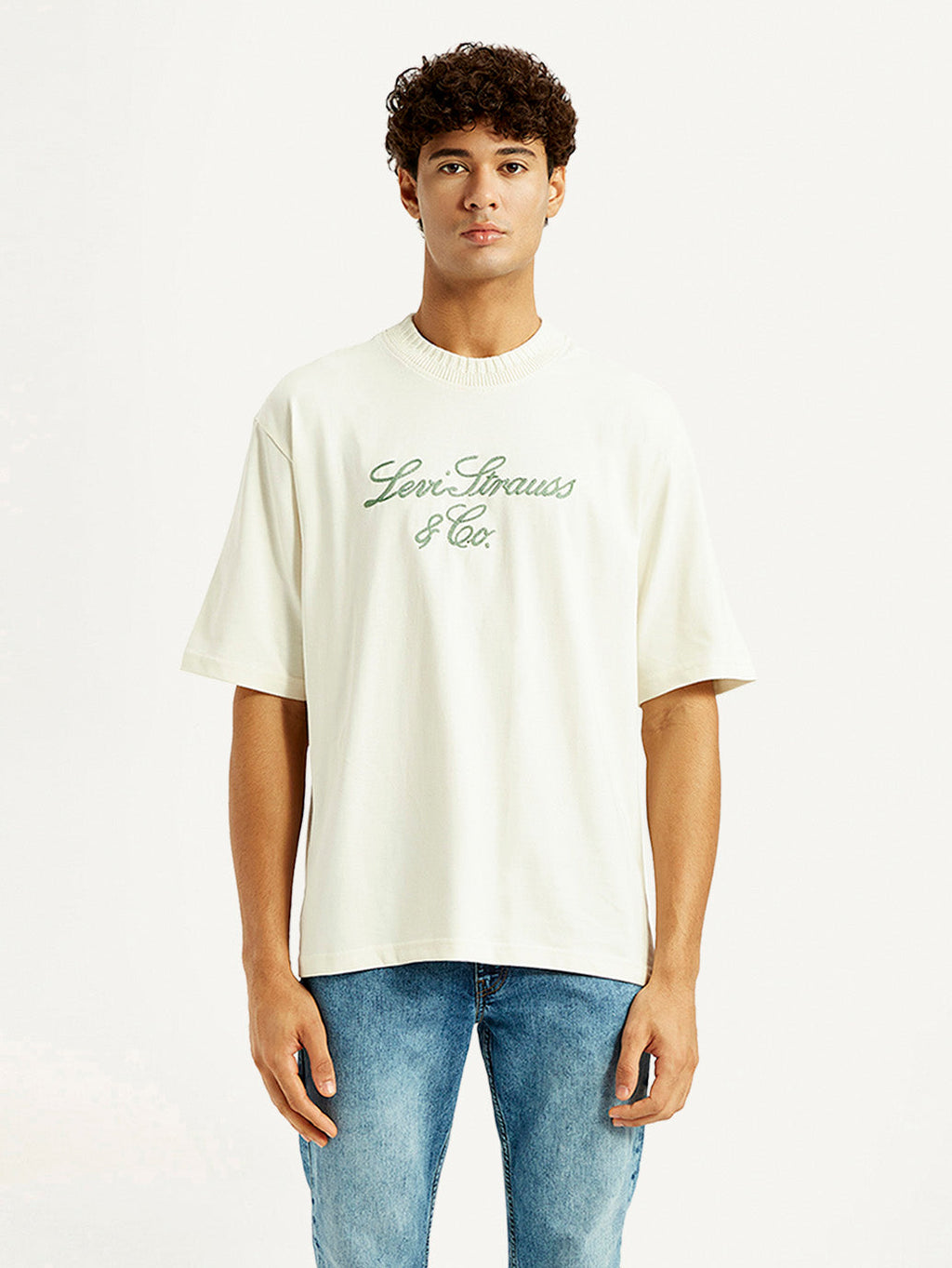 Men's Embroidered Cream Crew Neck T-shirt