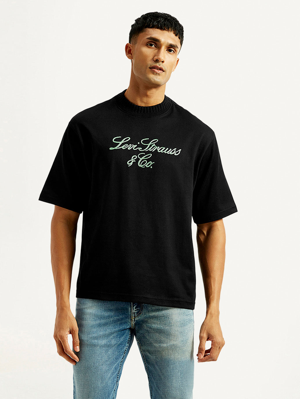 Men's Embroidered Black Crew Neck T-Shirt
