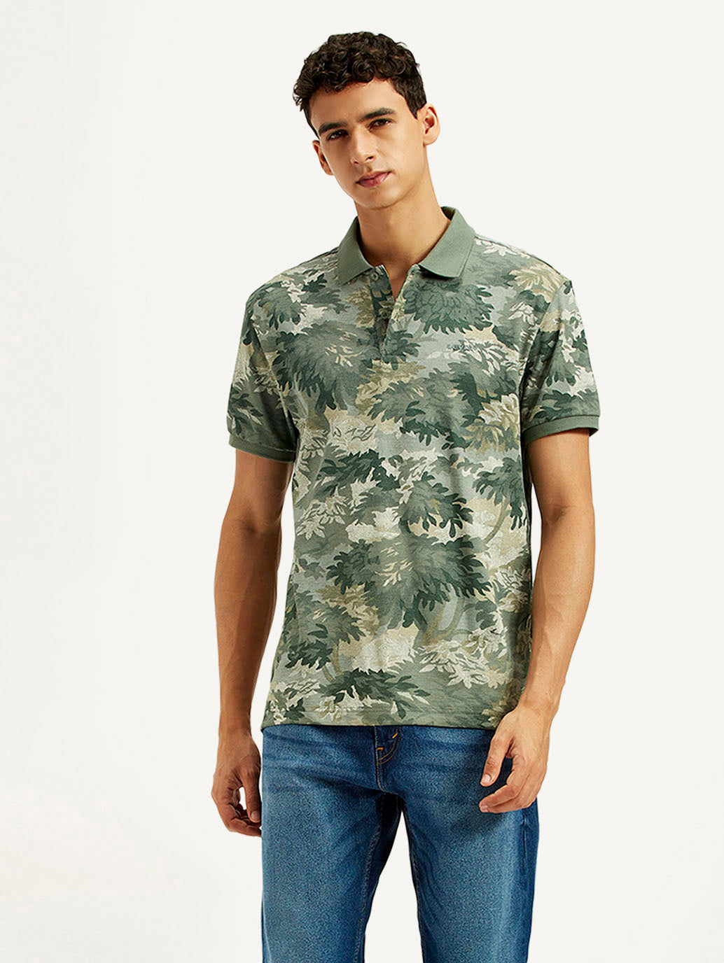Men's Green Printed Slim Fit Polo T-Shirt