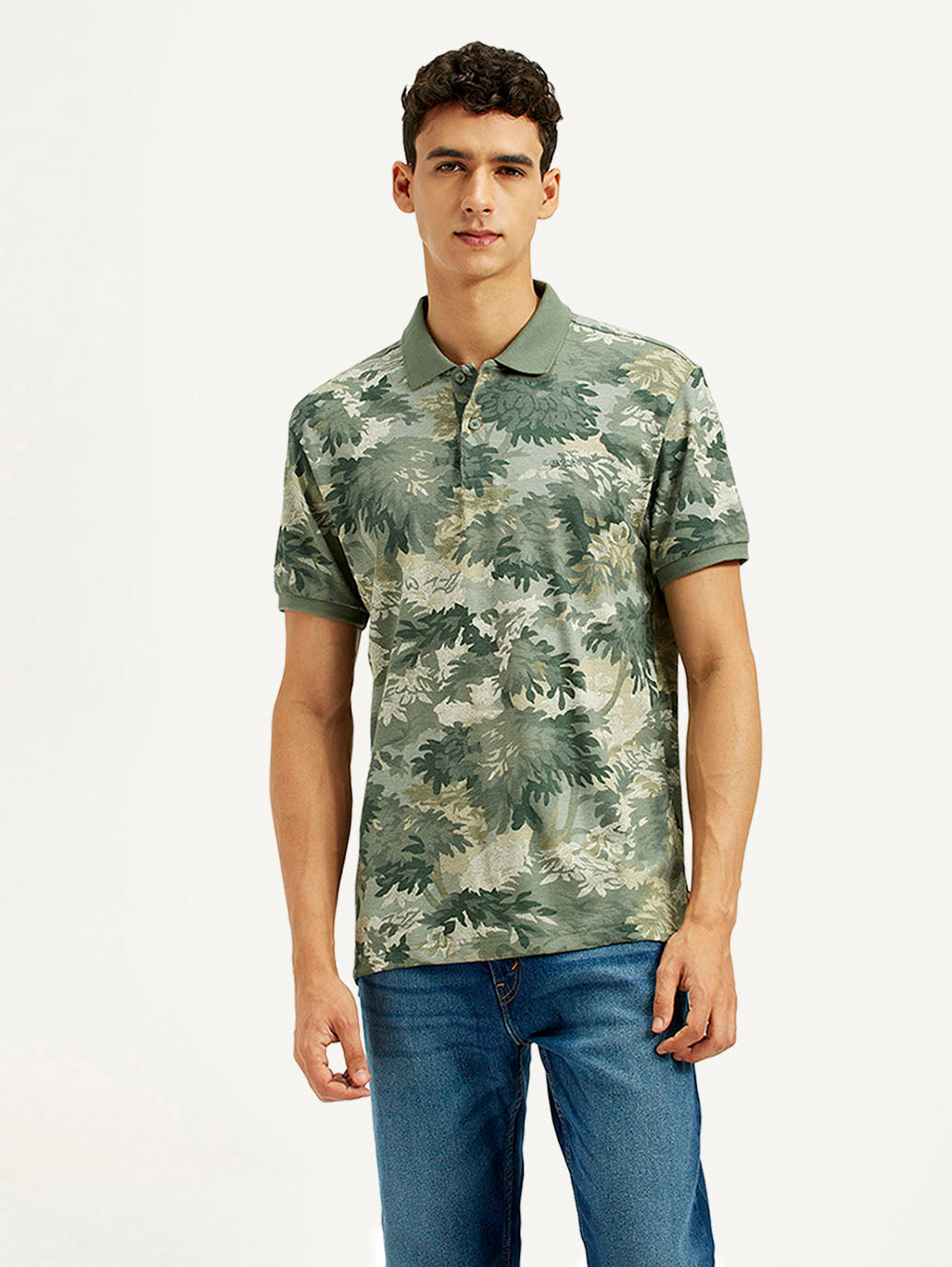 Men's Green Printed Slim Fit Polo T-Shirt