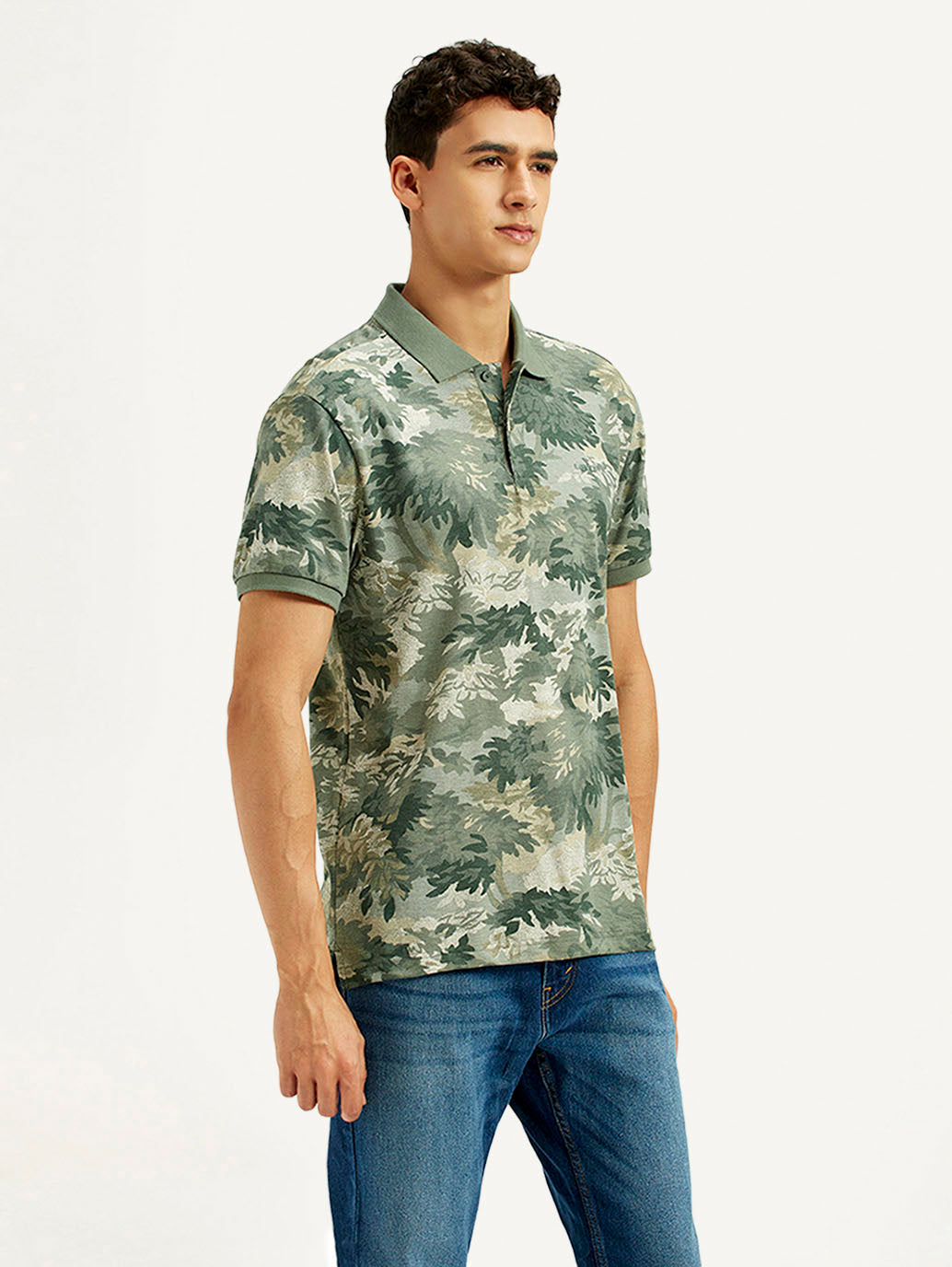 Men's Green Printed Slim Fit Polo T-Shirt