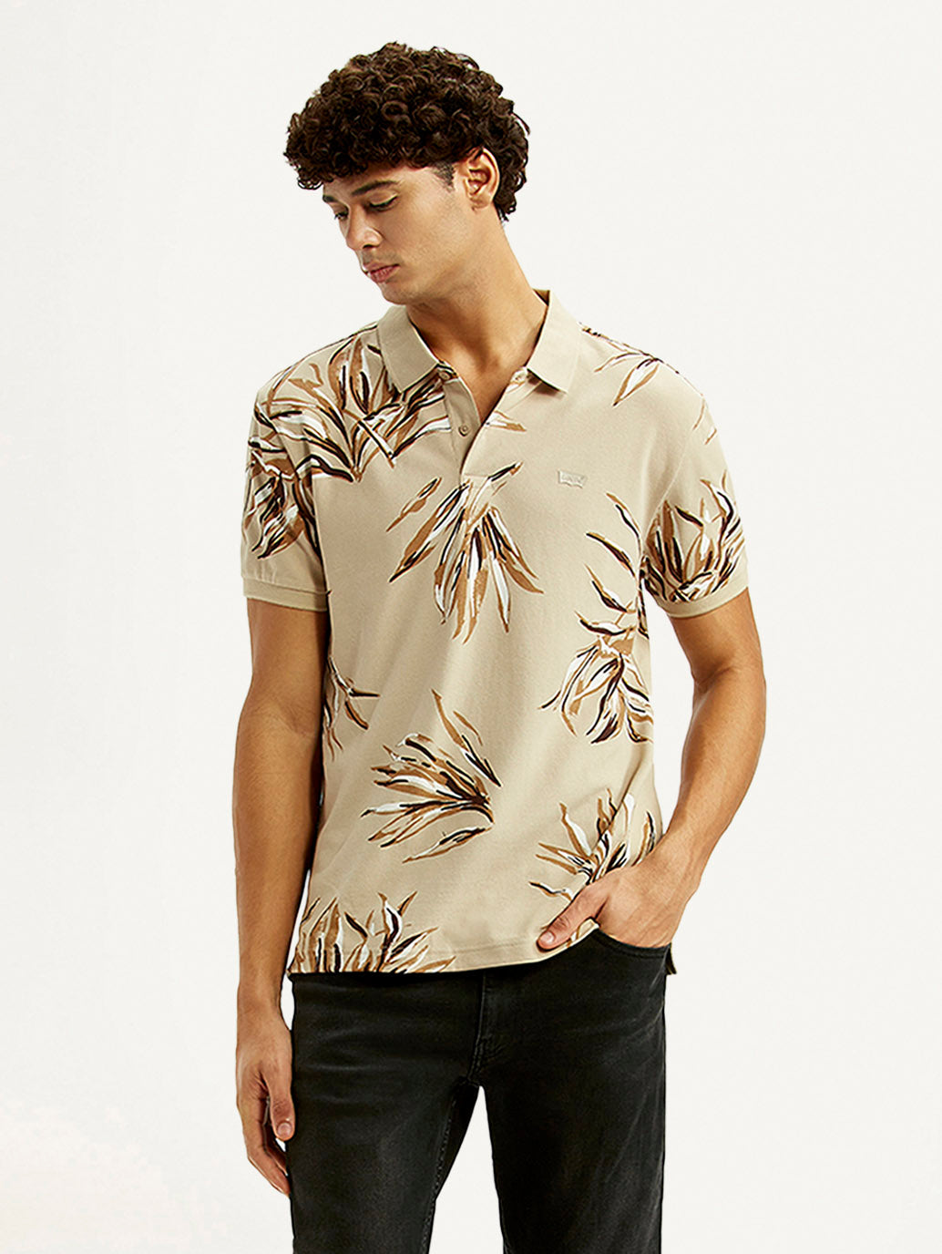 Men's Printed Beige Slim Fit Polo T-shirt