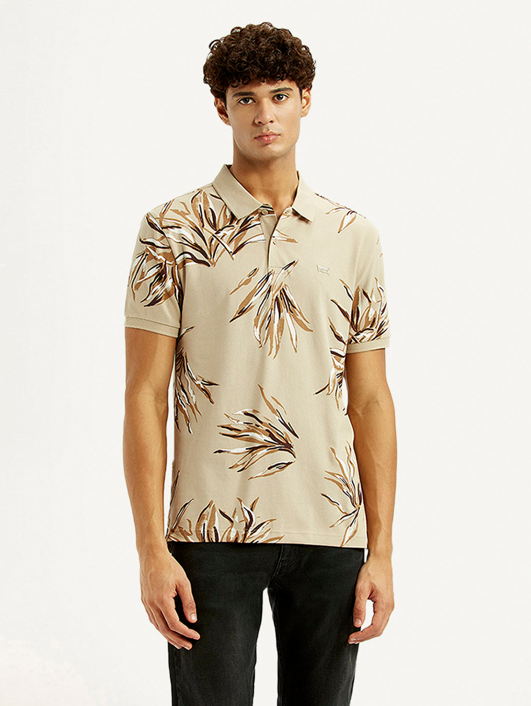 Men's Printed Beige Slim Fit Polo T-shirt