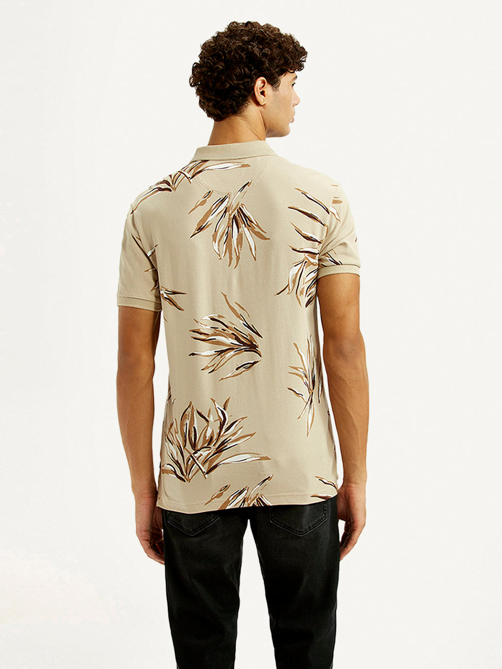 Men's Printed Beige Slim Fit Polo T-shirt