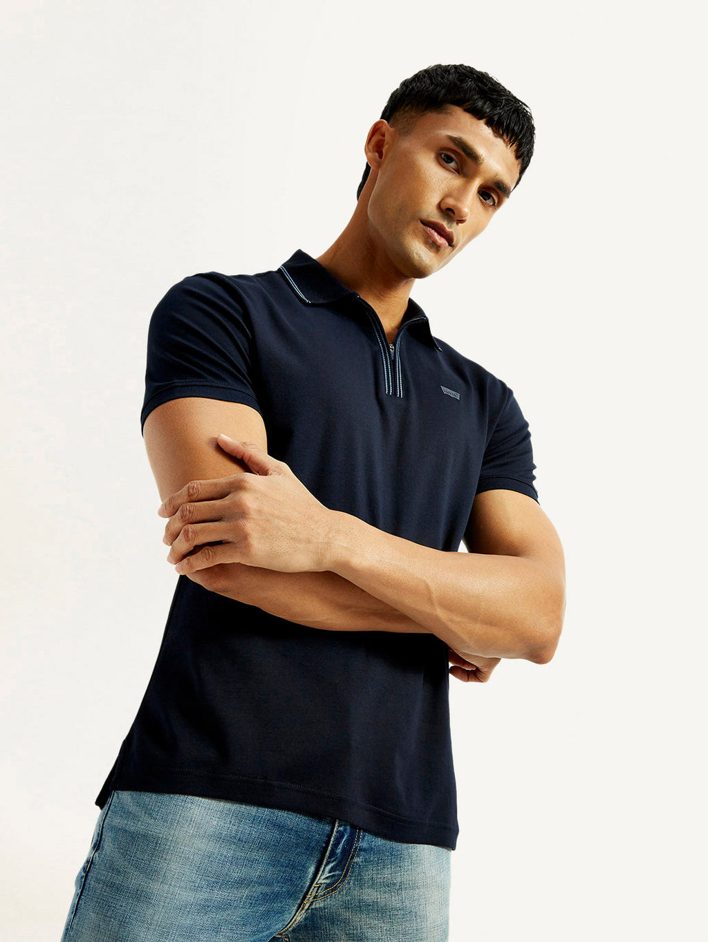 Men's Solid Navy Slim Fit Polo T-shirt