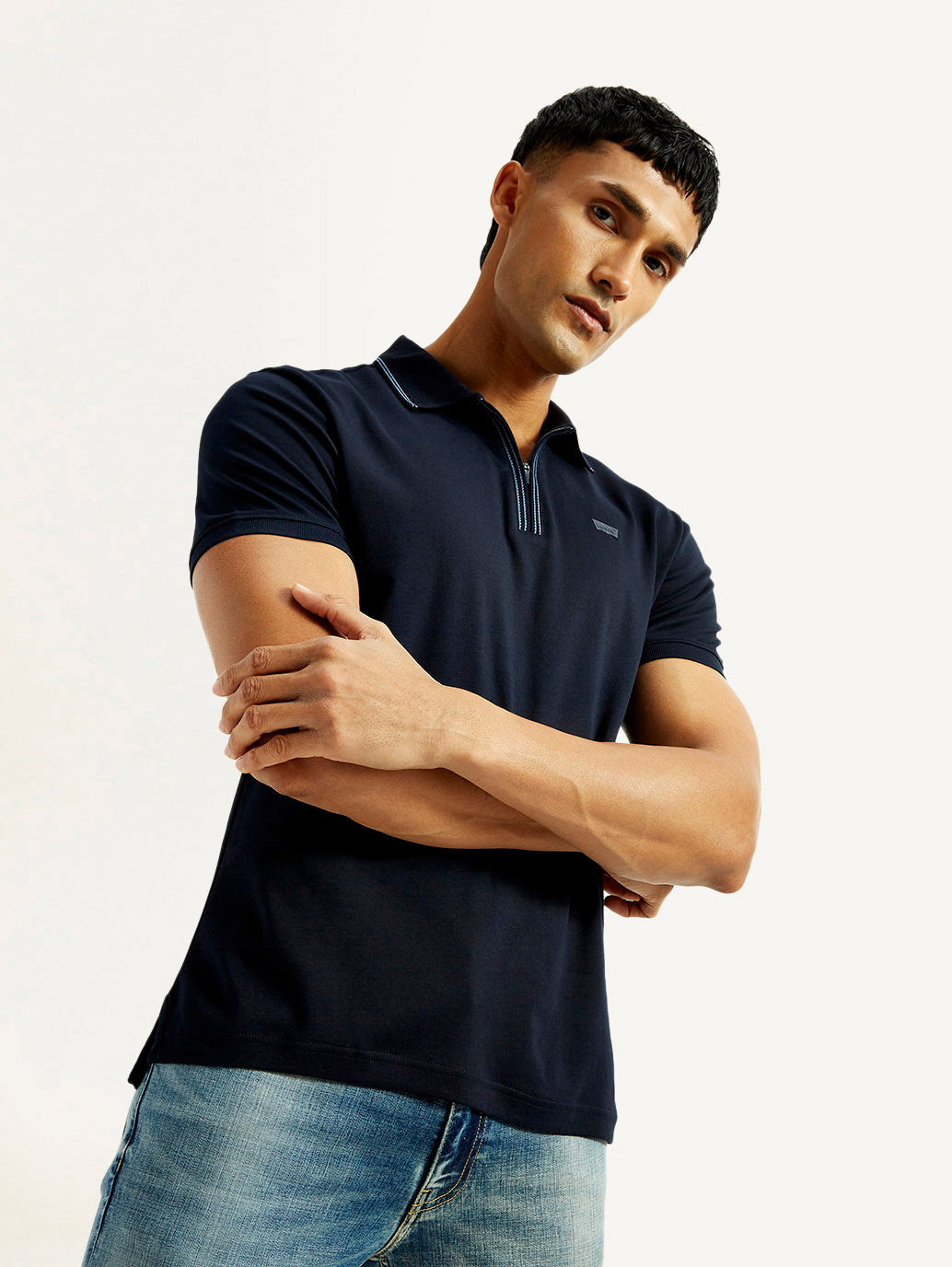 Men's Solid Navy Slim Fit Polo T-shirt
