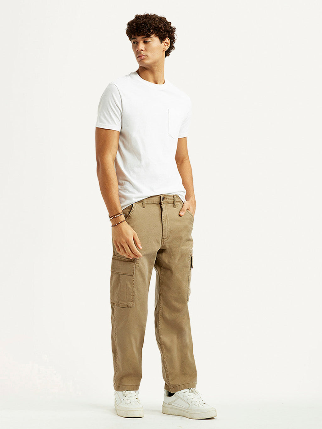 Men's Khaki Overdyed Tapered Fit Mid Rise Cargo Trousers