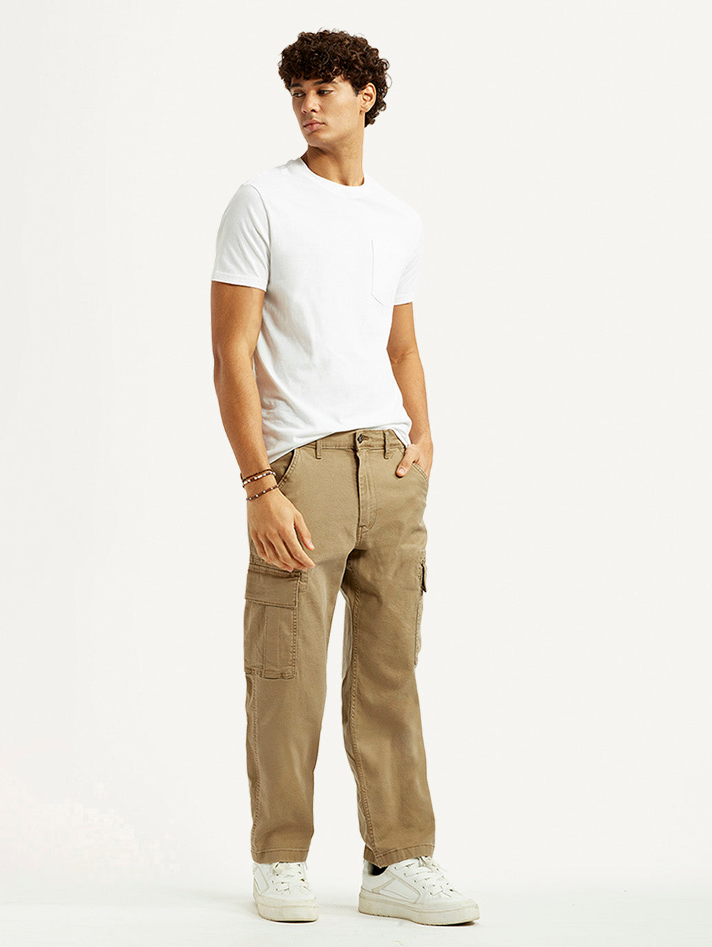 Men's Khaki Overdyed Tapered Fit Mid Rise Cargo Trousers