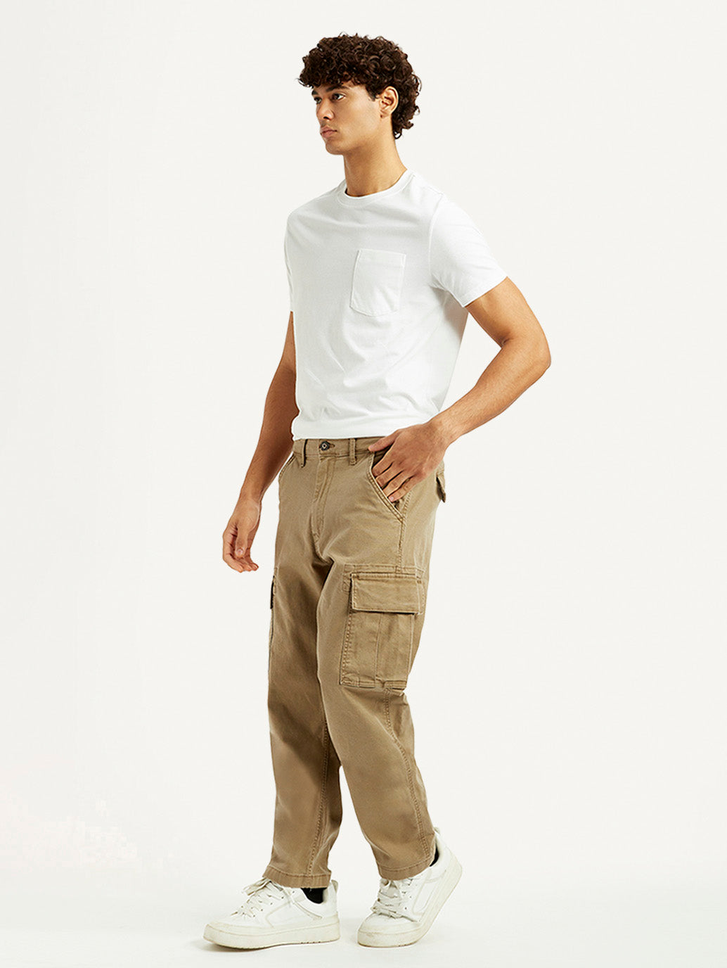 Men's Khaki Overdyed Tapered Fit Mid Rise Cargo Trousers