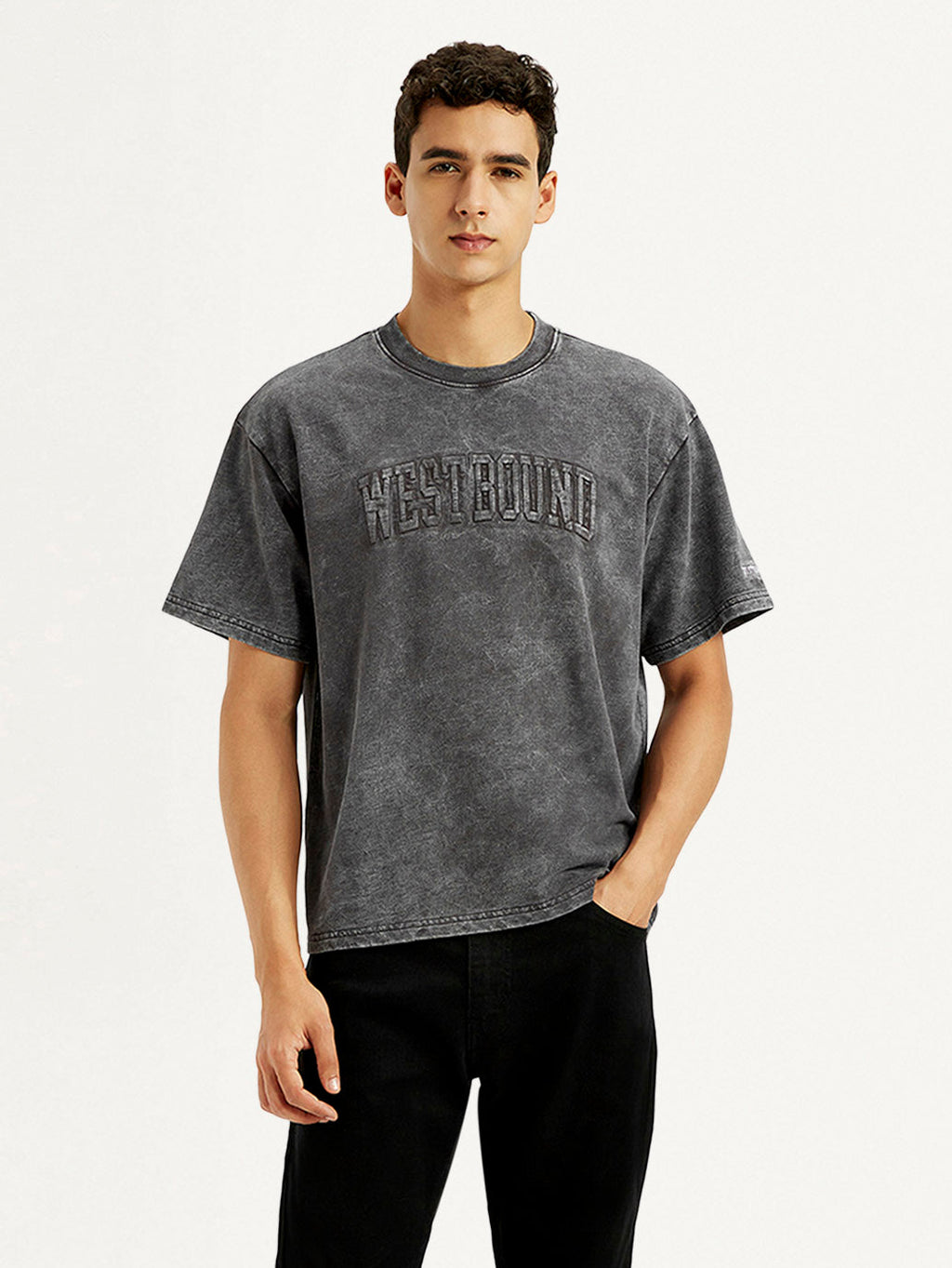 Men's Typographic Print Charcoal Grey Boxy T-shirt