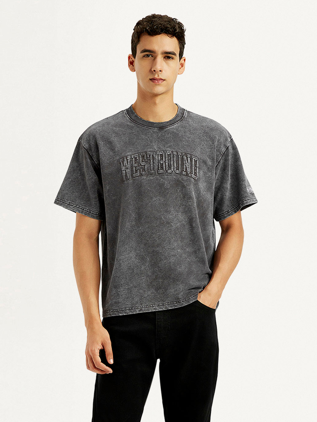 Men's Typographic Print Charcoal Grey Boxy T-shirt