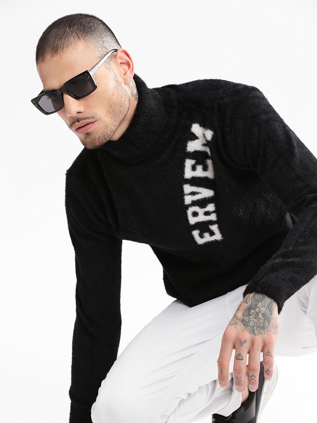 Men's Black Typography Turtle Neck Long Sleeves Pullover