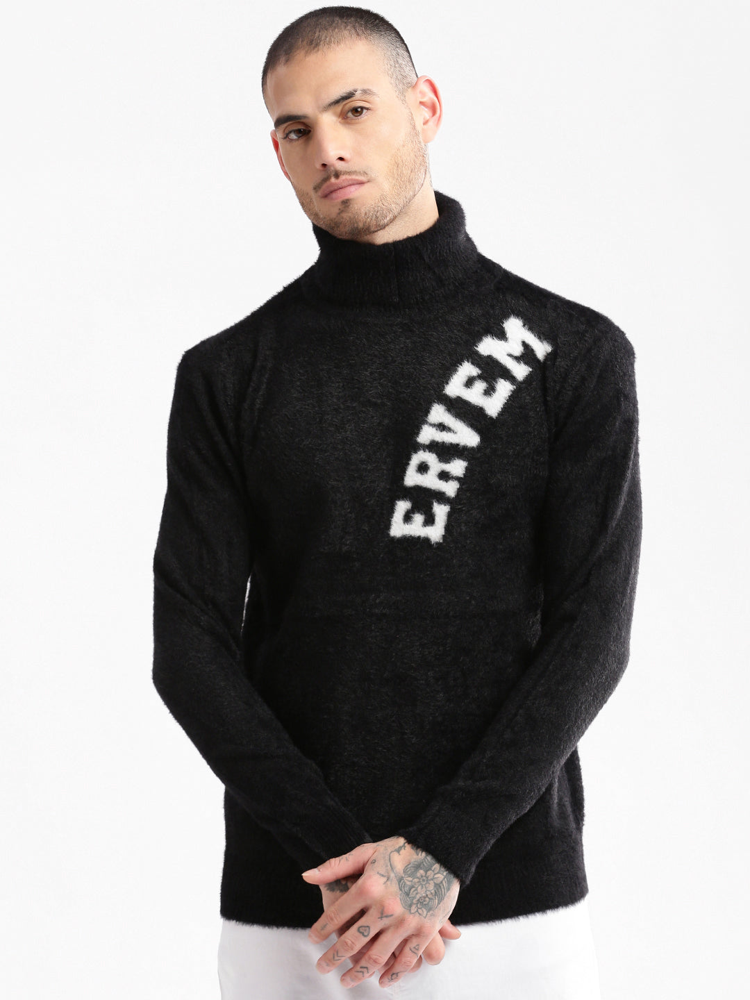 Men's Black Typography Turtle Neck Long Sleeves Pullover