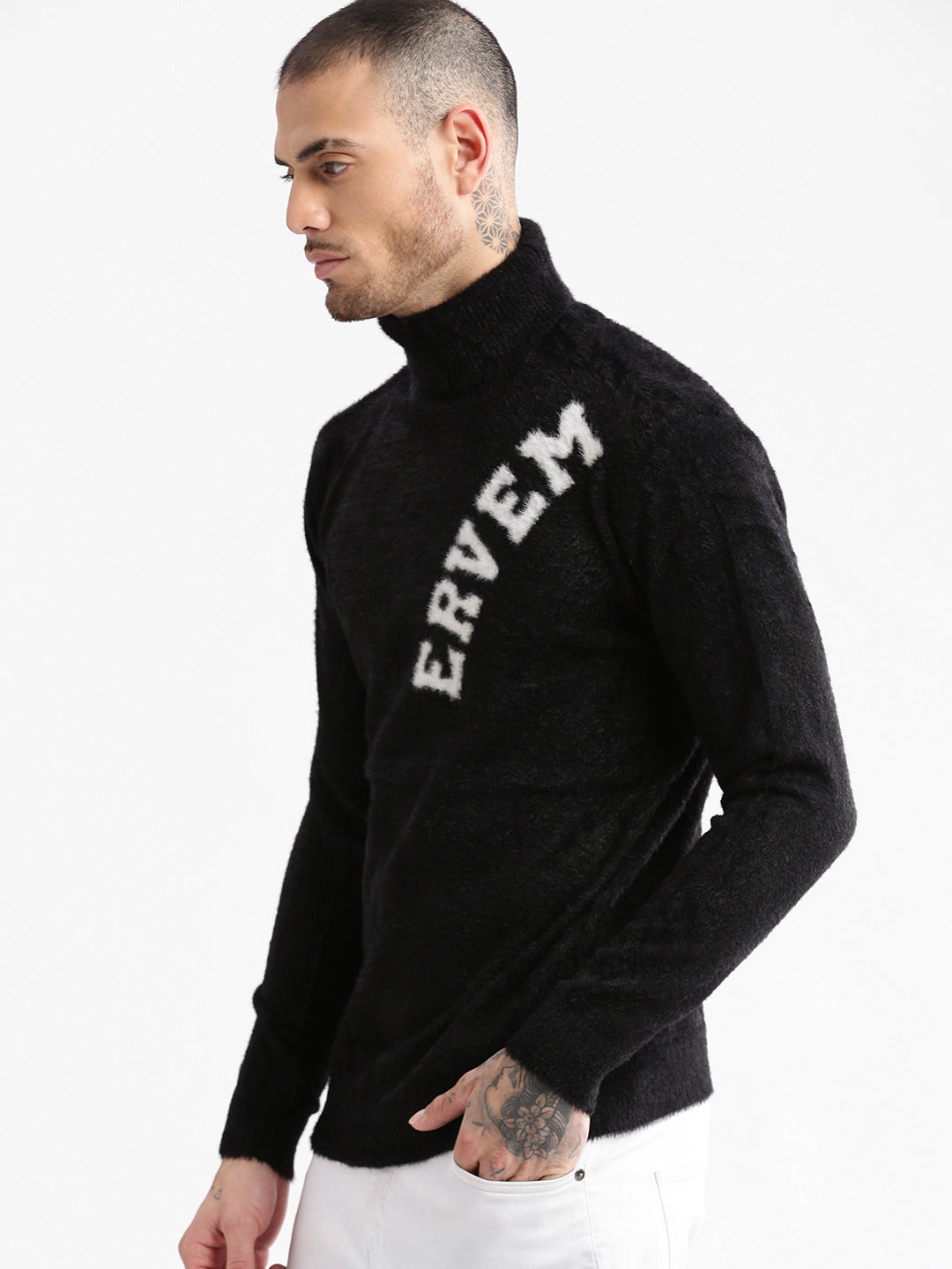 Men's Black Typography Turtle Neck Long Sleeves Pullover