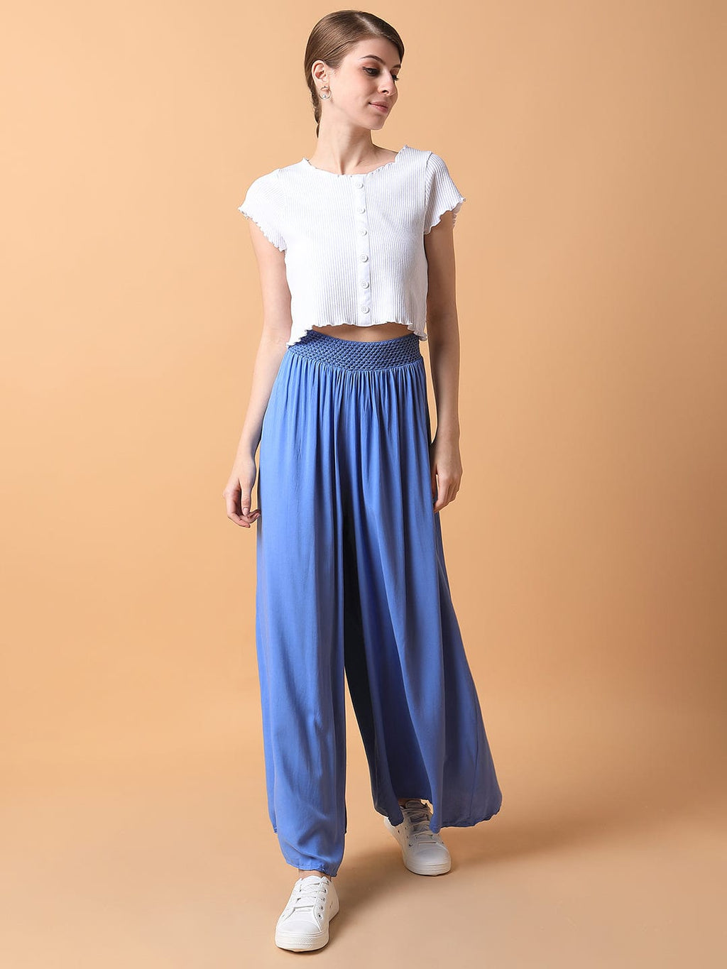 Women's Blue Comfort Loose Fit Pleated Trousers