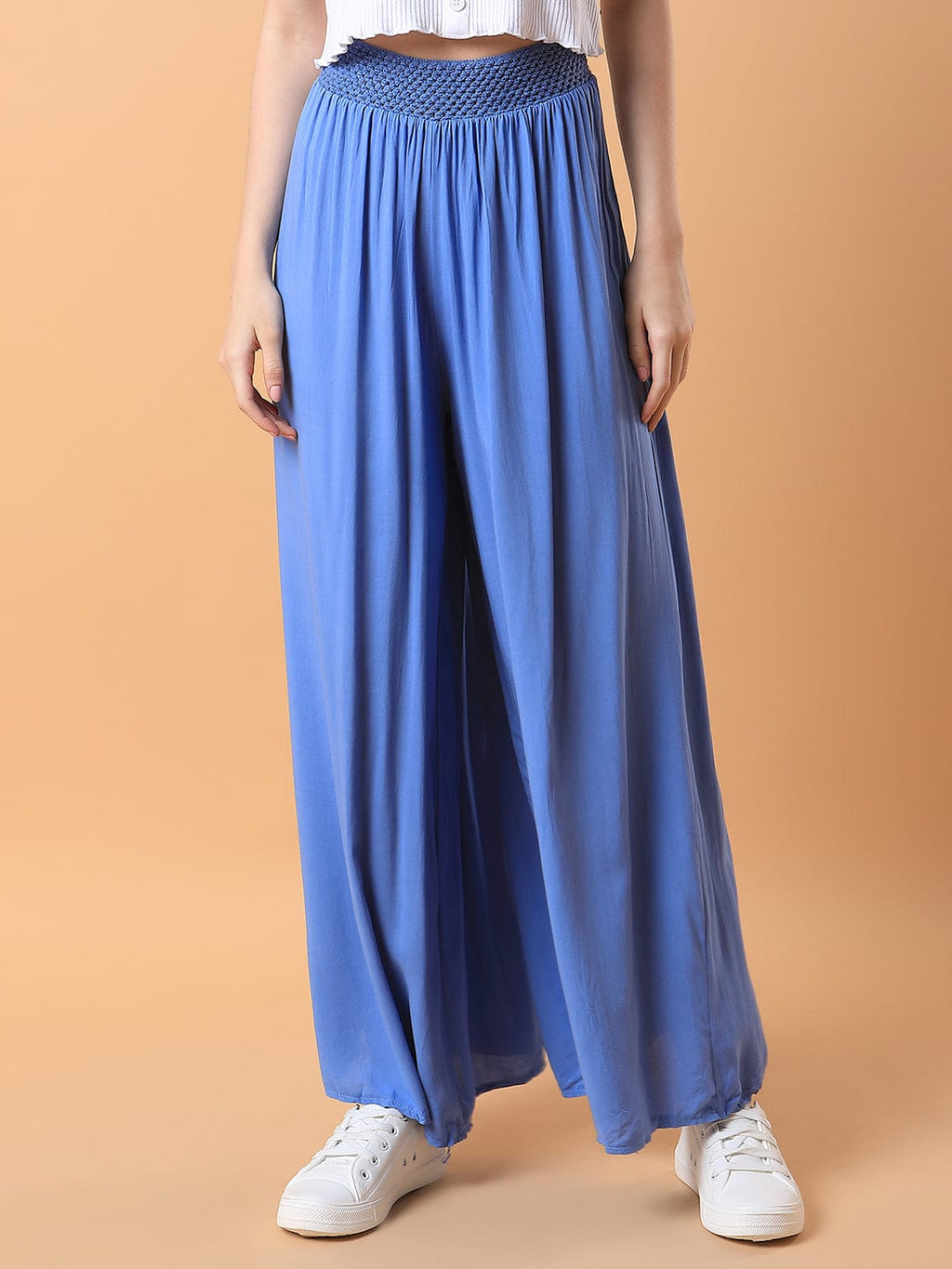 Women's Blue Comfort Loose Fit Pleated Trousers