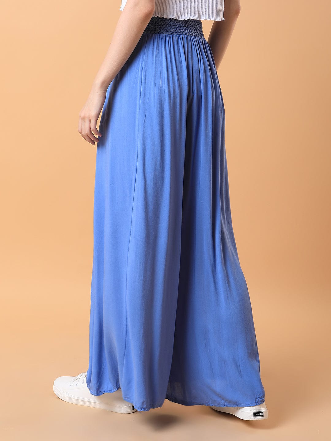 Women's Blue Comfort Loose Fit Pleated Trousers
