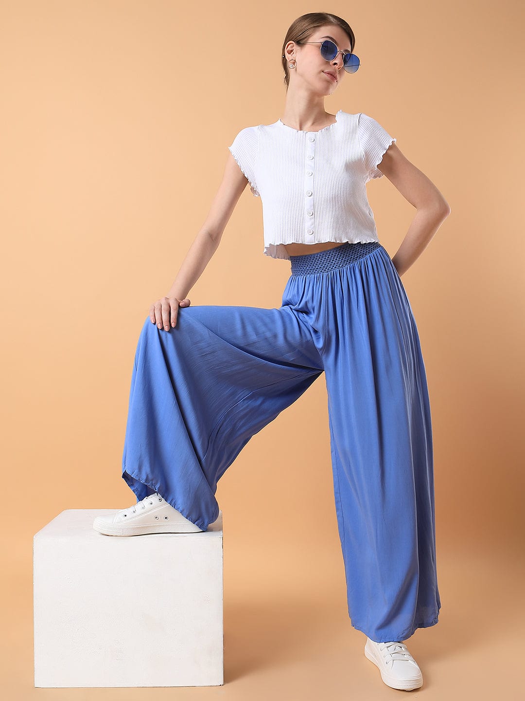 Women's Blue Comfort Loose Fit Pleated Trousers