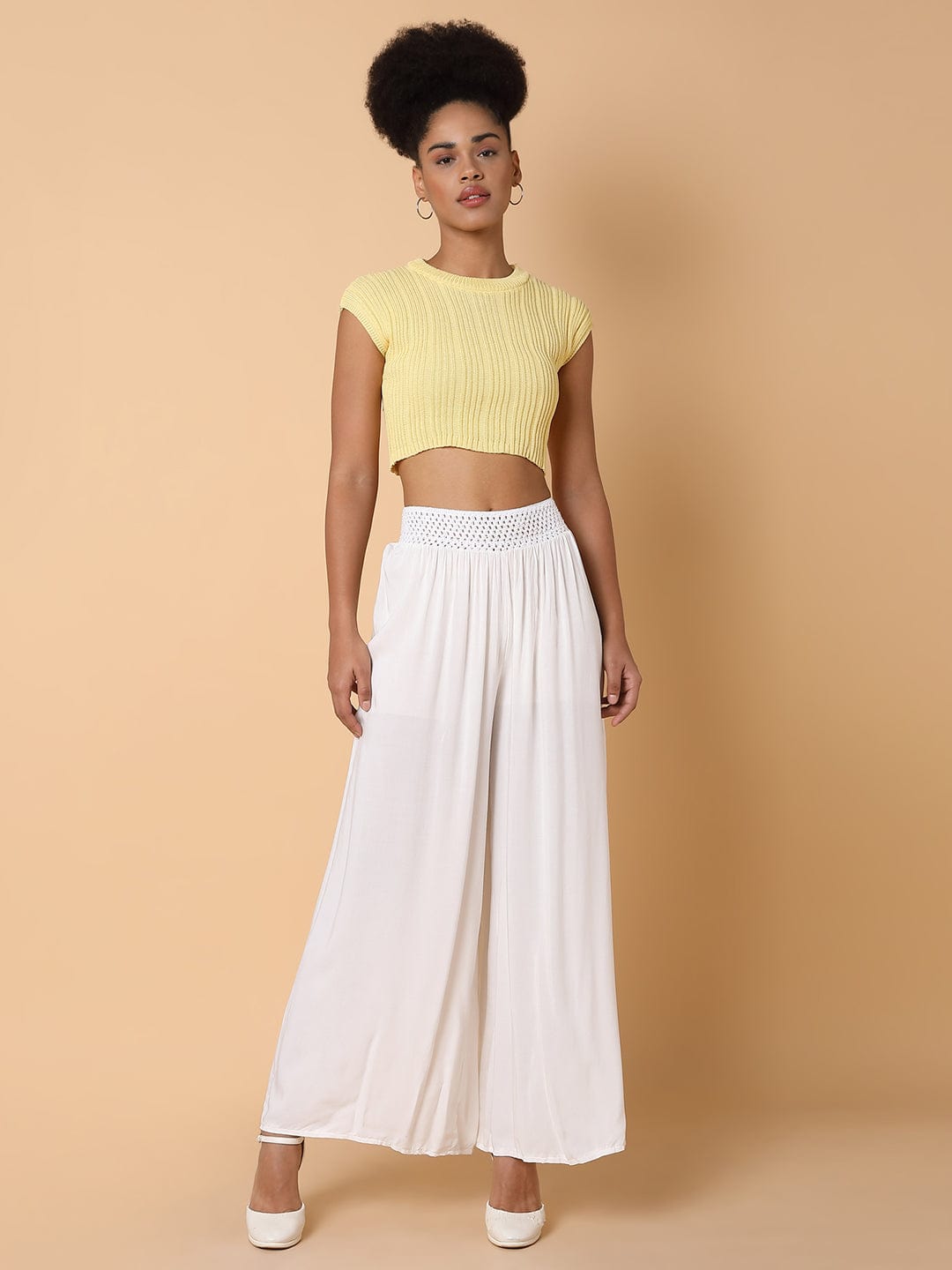 Women's White Cotton Comfort Loose Fit Trousers