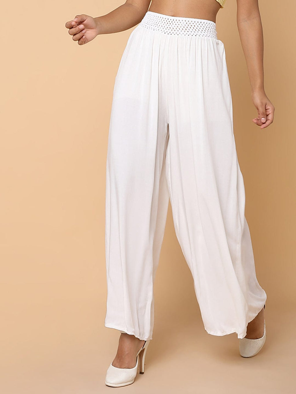 Women's White Cotton Comfort Loose Fit Trousers