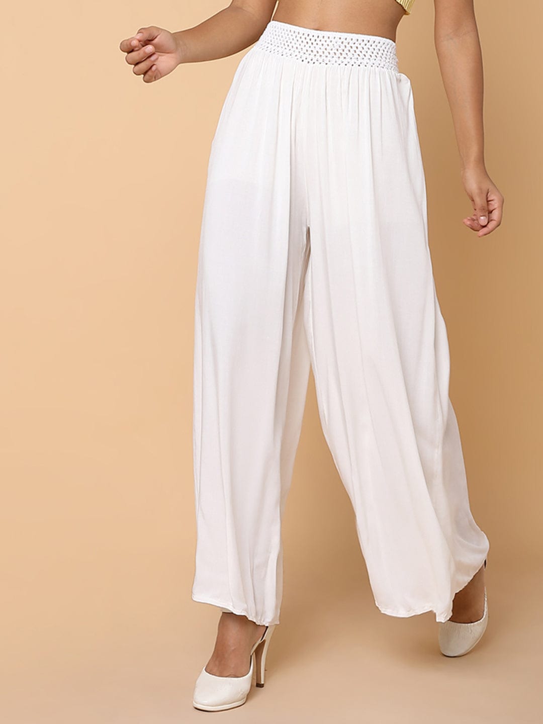 Women's White Cotton Comfort Loose Fit Trousers