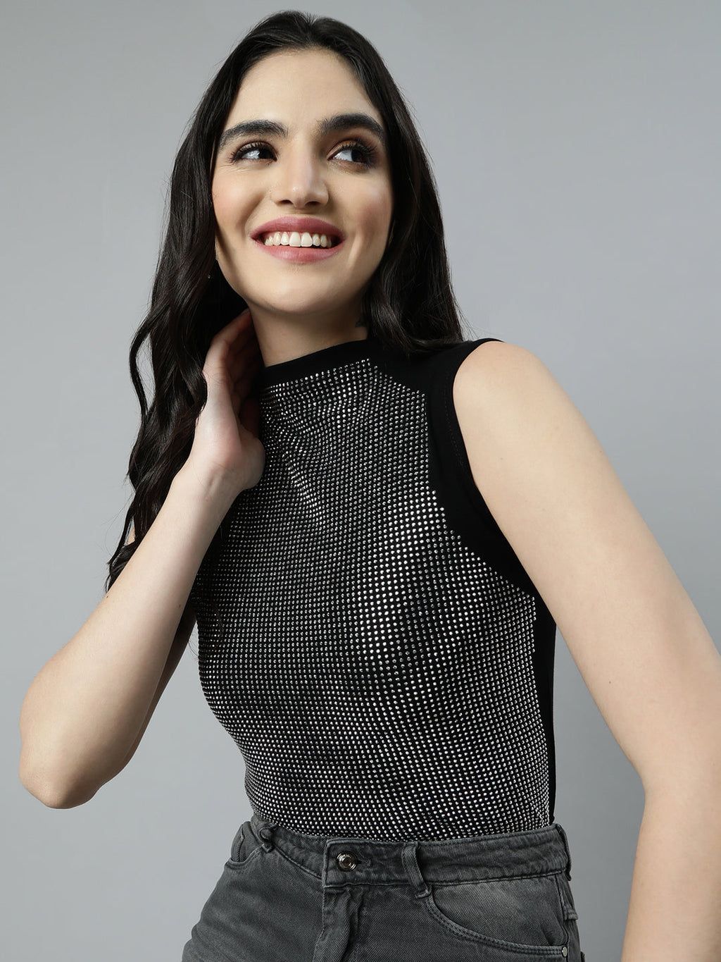 Women's Black High Neck Embellished Top