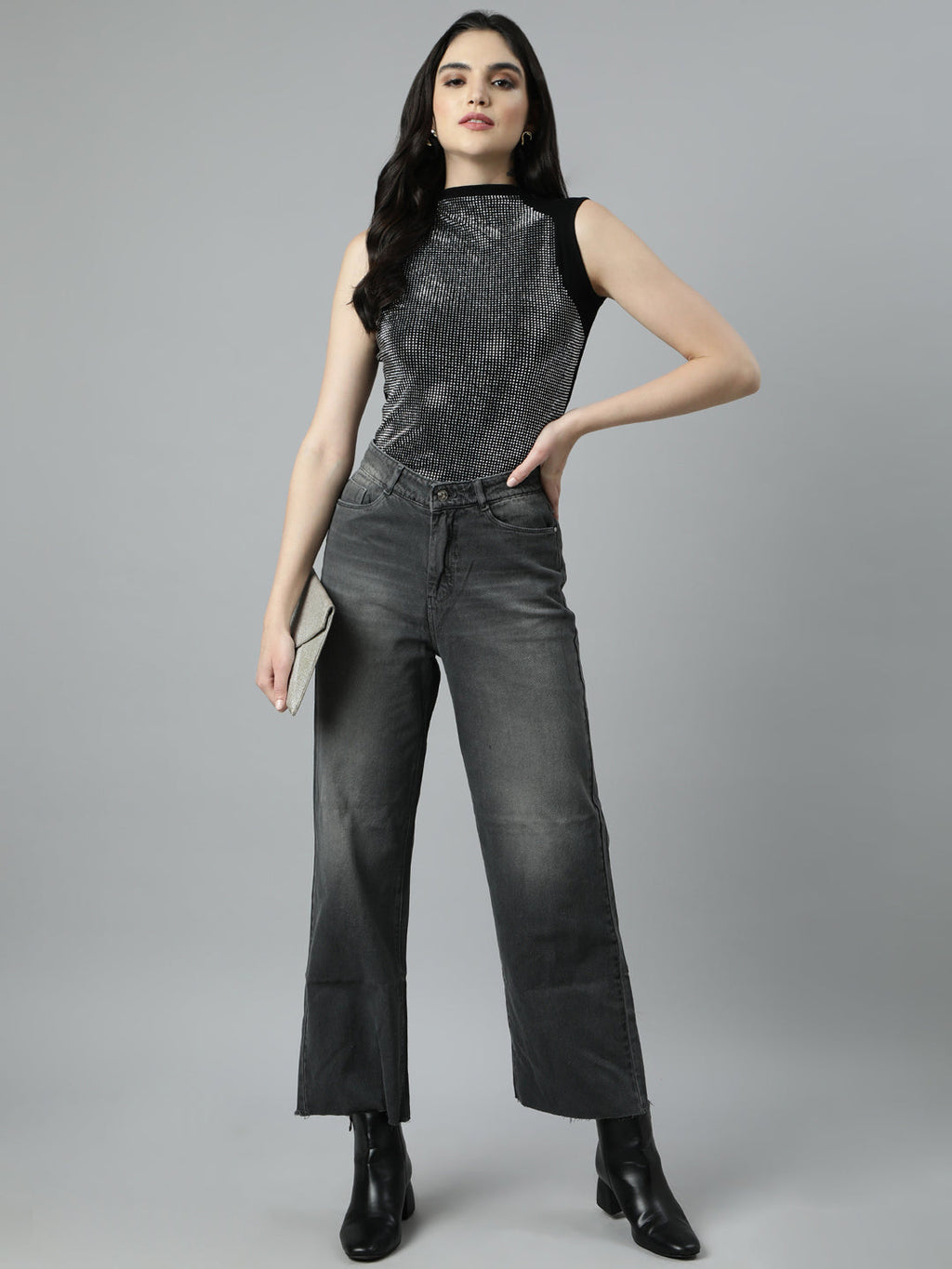 Women's Black High Neck Embellished Top