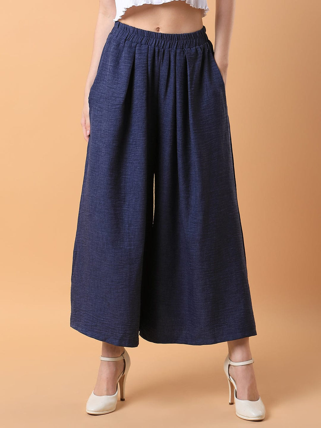 Women's Navy Blue Comfort Loose Fit Pleated Culottes Trousers