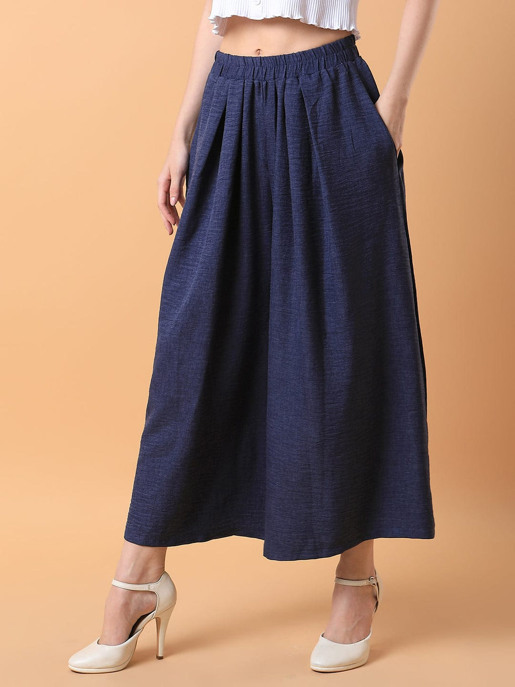Women's Navy Blue Comfort Loose Fit Pleated Culottes Trousers