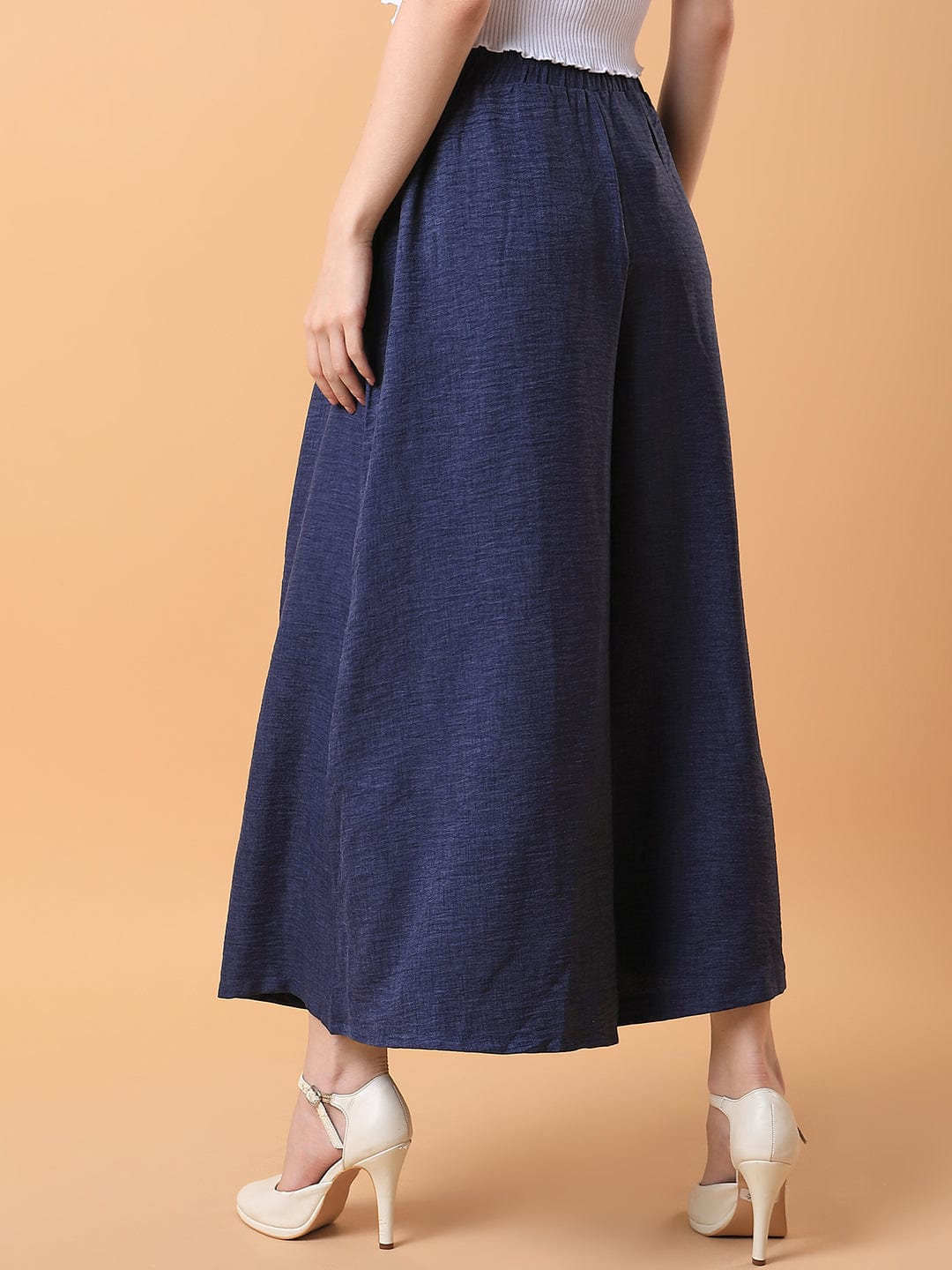 Women's Navy Blue Comfort Loose Fit Pleated Culottes Trousers