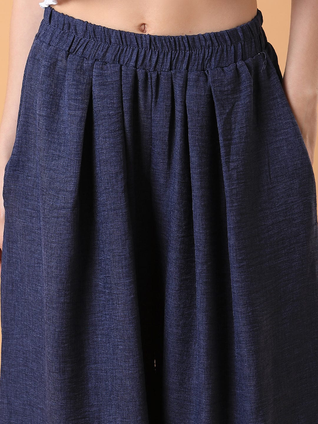 Women's Navy Blue Comfort Loose Fit Pleated Culottes Trousers
