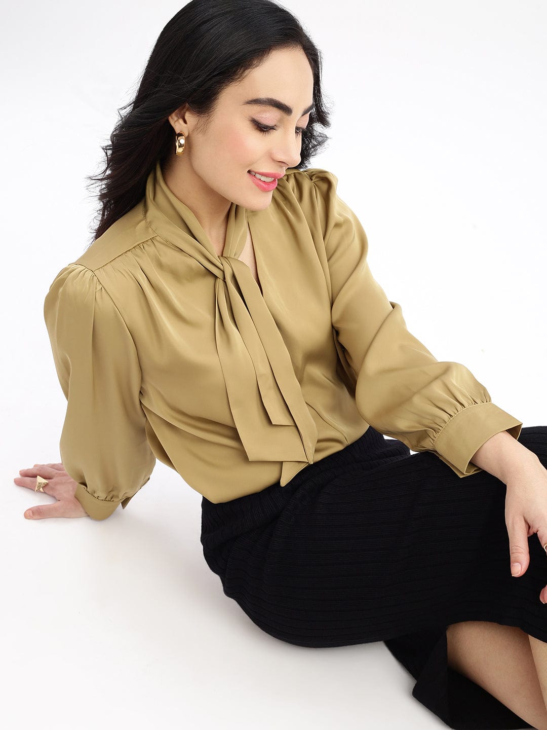 Women's Khaki Solid Tie-Up Neck Satin Top