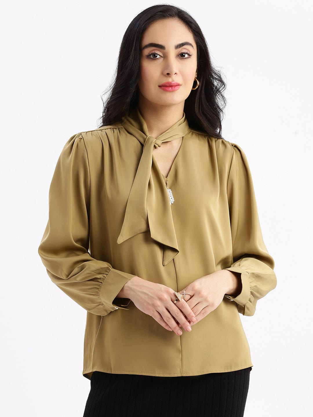 Women's Khaki Solid Tie-Up Neck Satin Top
