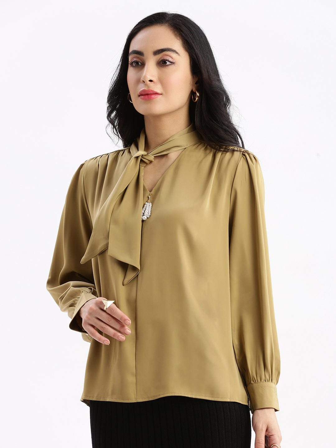 Women's Khaki Solid Tie-Up Neck Satin Top