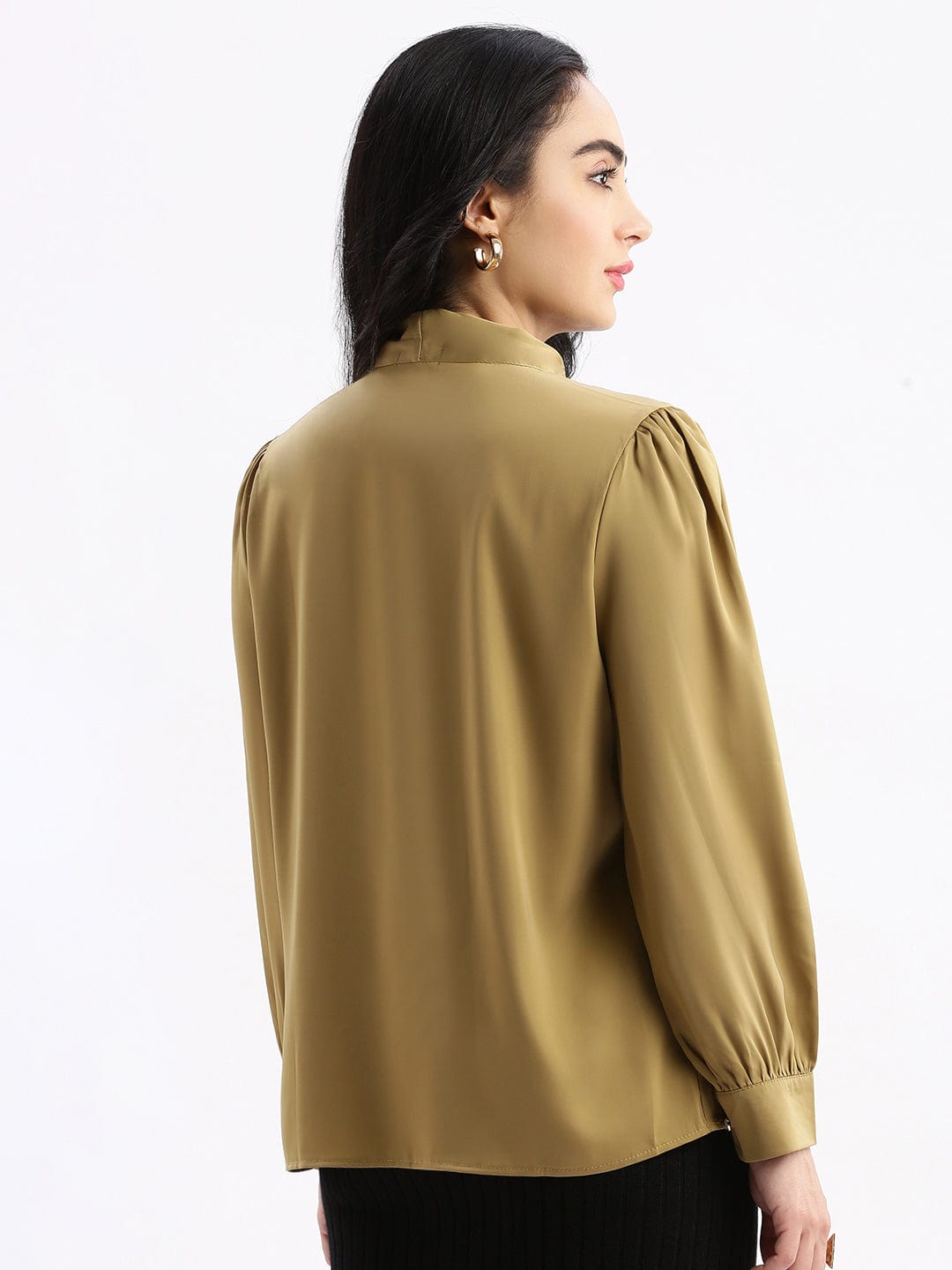 Women's Khaki Solid Tie-Up Neck Satin Top
