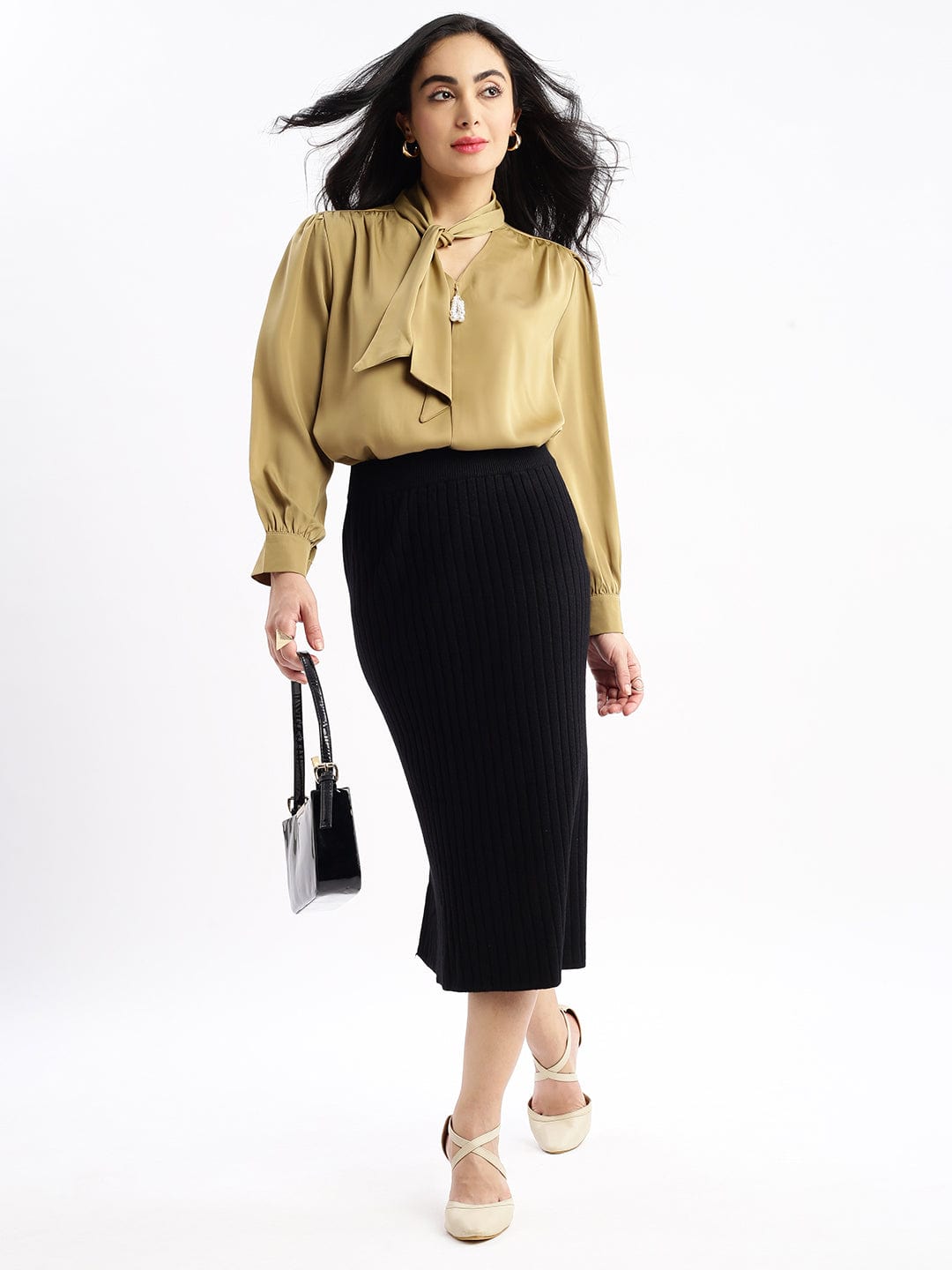 Women's Khaki Solid Tie-Up Neck Satin Top