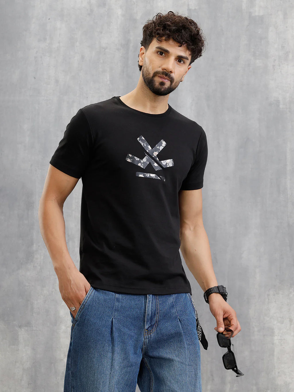 Premium Interlock Base With Dark Floral Logo Brand Carrier Crew Neck T-Shirt | Black