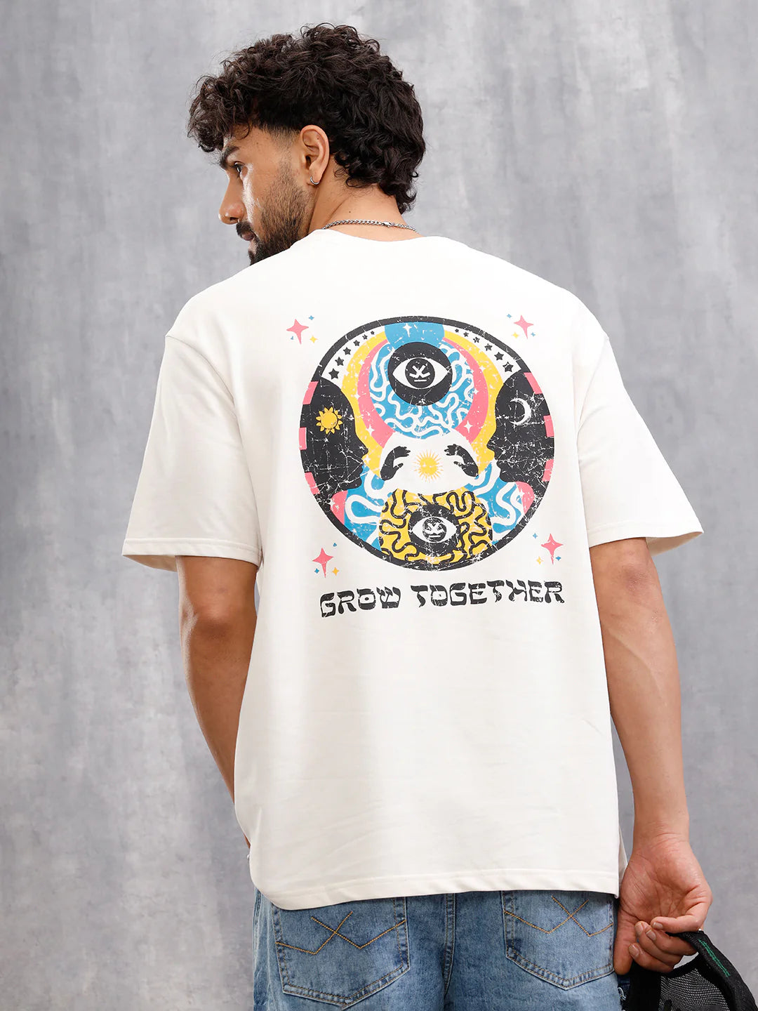 Grow Together Zen Inspired Oversized Back Print Crew Neck T-Shirt  | Off White