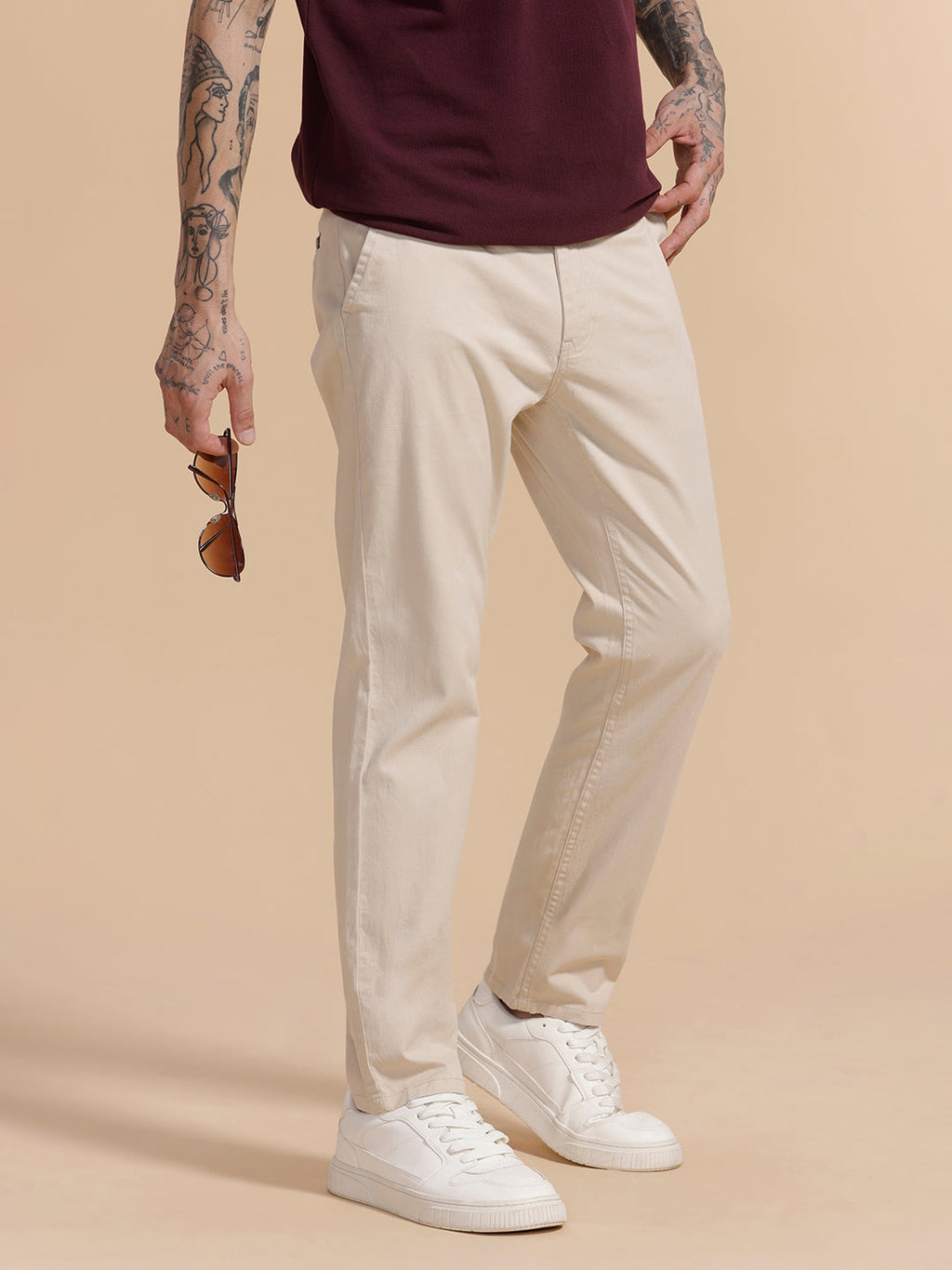 Cotton Blend Chino Trouser | Beige
