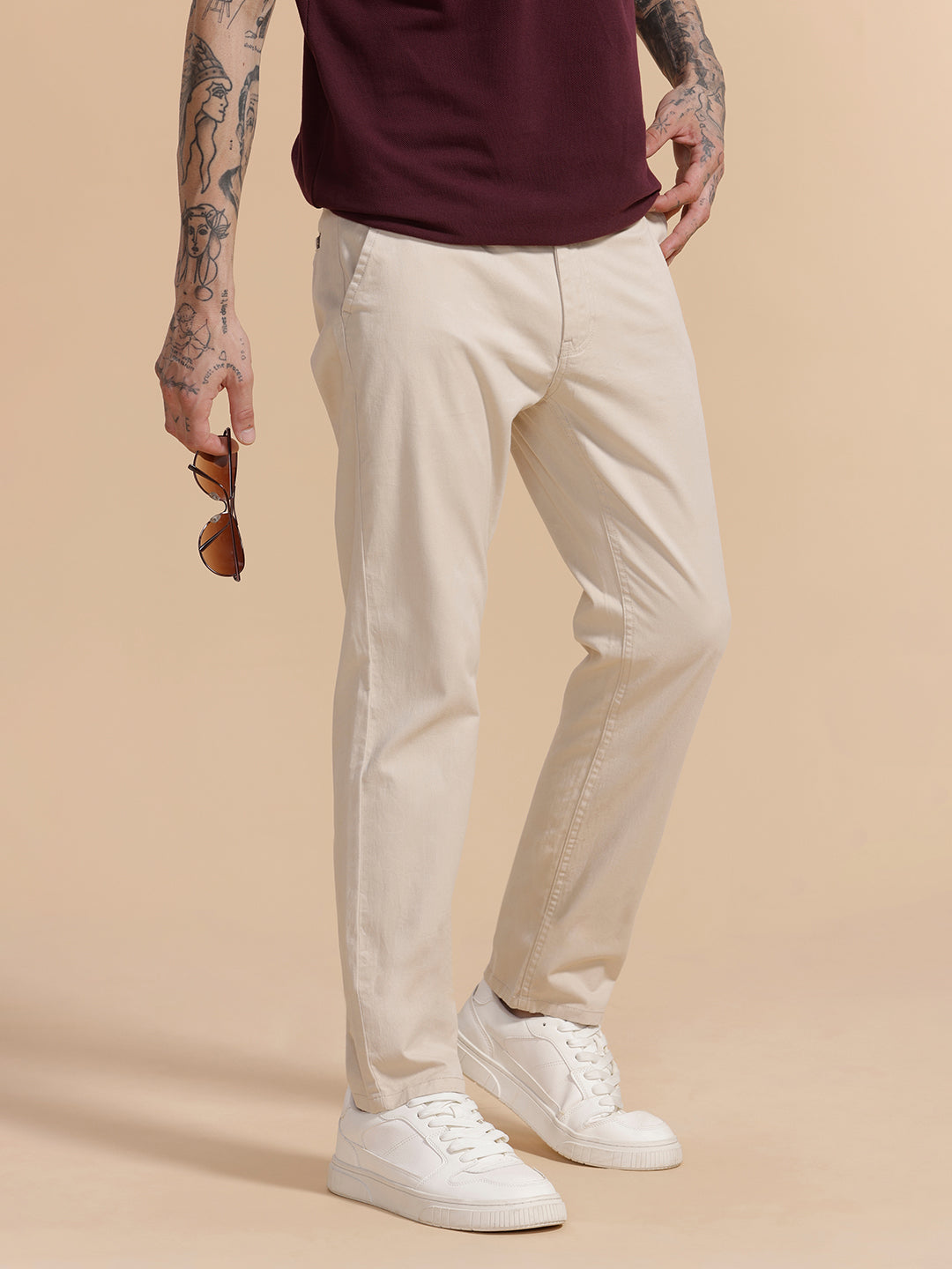 Cotton Blend Chino Trouser | Beige